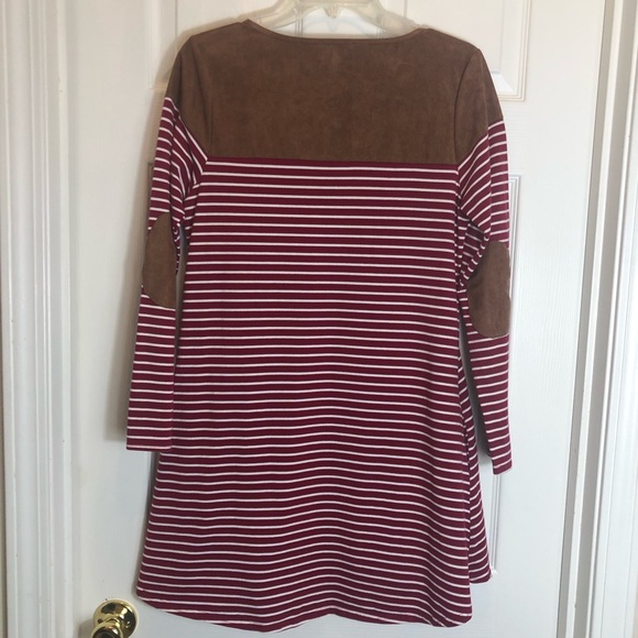 Umgee Striped Long Sleeve Dress with Faux Suede Shoulders and Elbow. Size Small - Picture 7 of 9